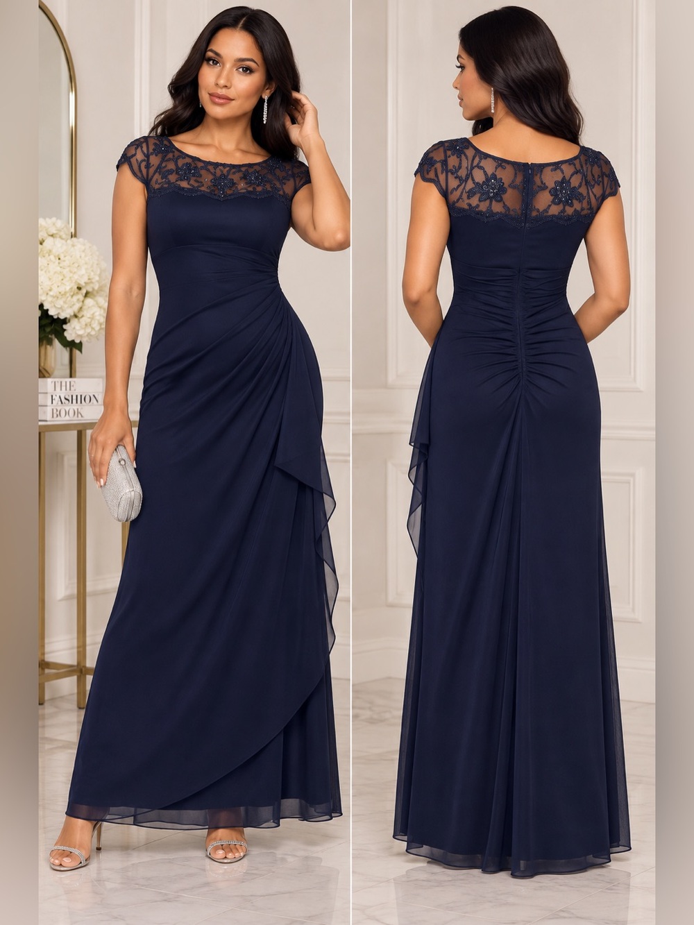 New Xscape "Cora" Sheer Matte Jersey Side Ruched Gown Navy Size 14